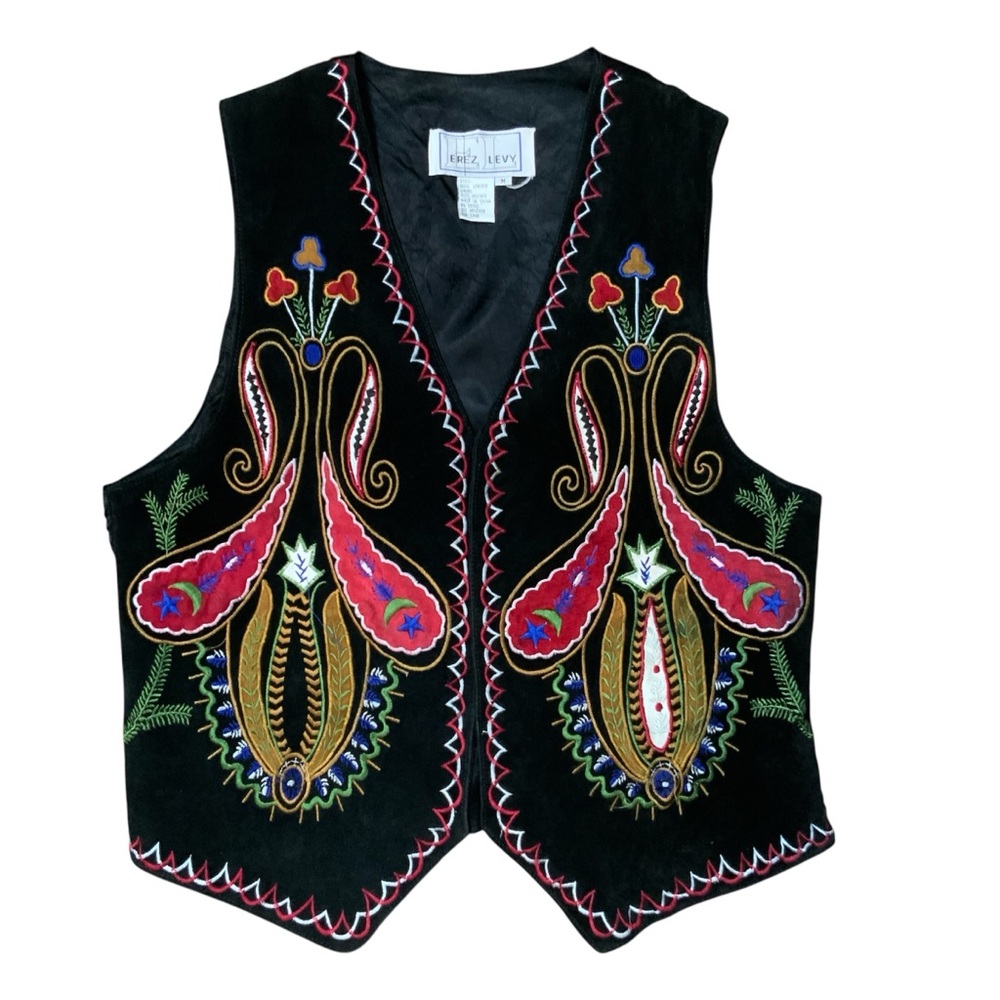 Erez Levy Vintage 80s Black Suede Embroidered Vest Paisley Folk Boho Art SZ M